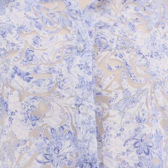 ZARA Sheer Burnout Damask Blue & White Floral Button Down Blouse Top Size L - Picture 5 of 7